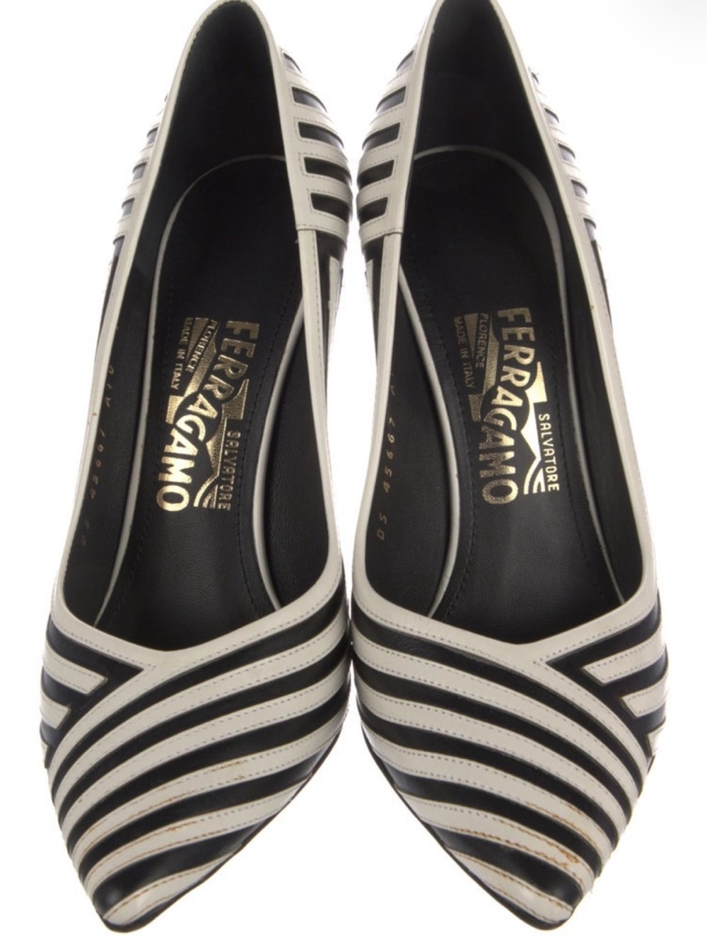 Salvatore Ferragamo Black and White Striped Leather Pumps